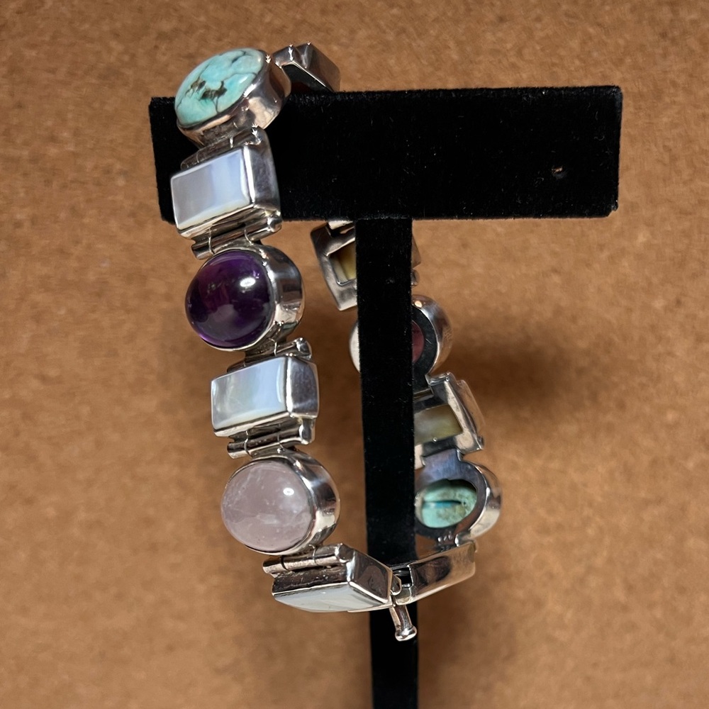 Sterling Silver Amethyst Rose Quartz Turquoise & Mother of Pearl Statement Brace